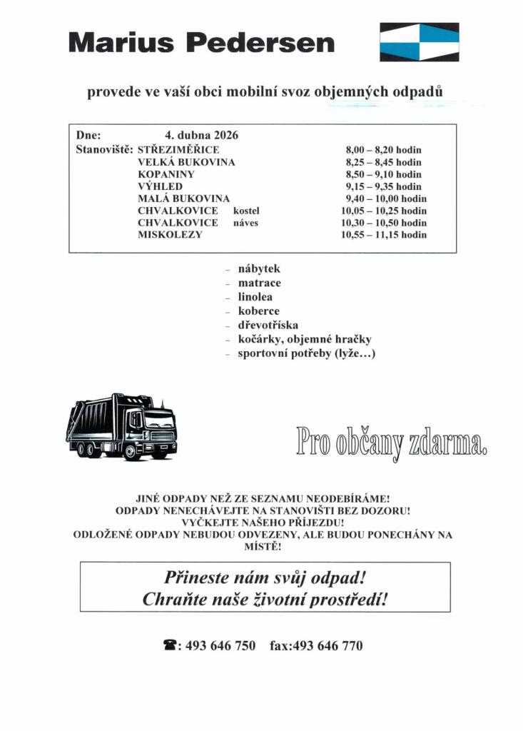 Mobilní svoz objemných odpadů dne 4.4.2026