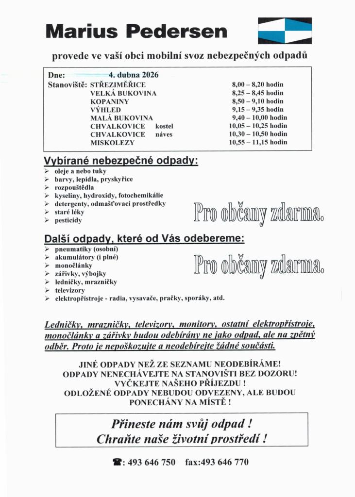 Mobilní svoz nebezpečných odpadů dne 4.4.2026