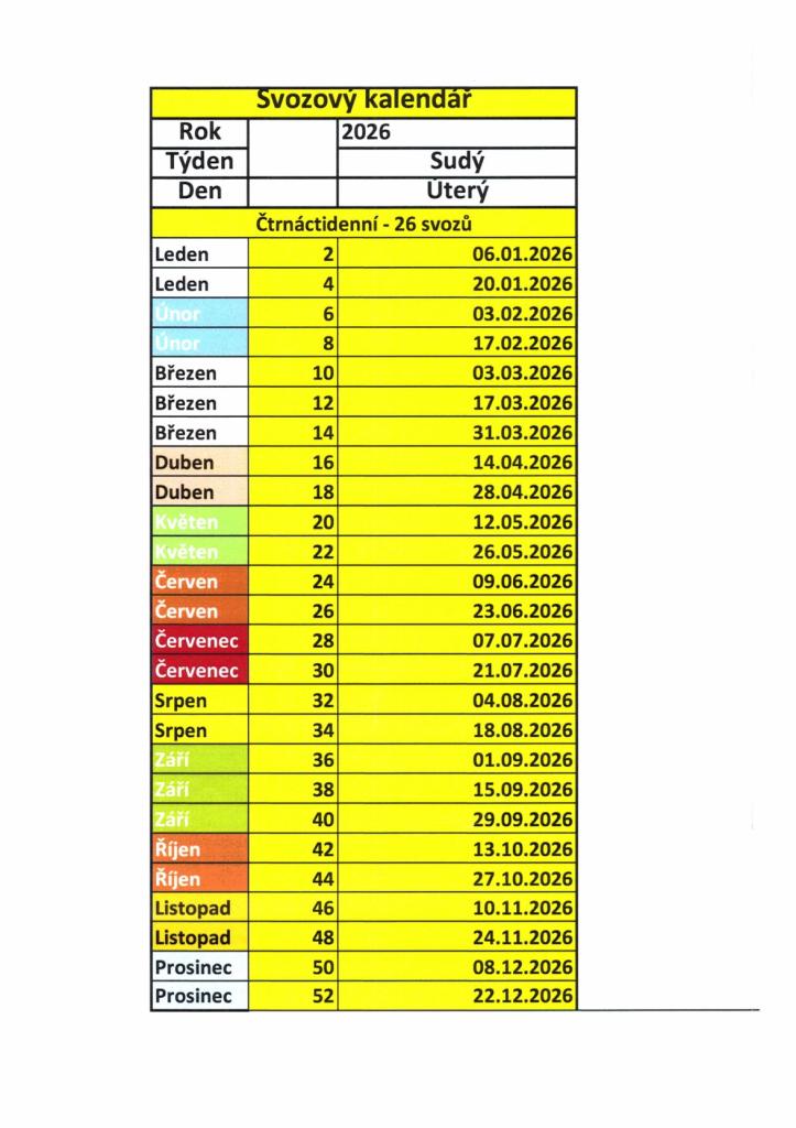 Svozový kalendář 2026
